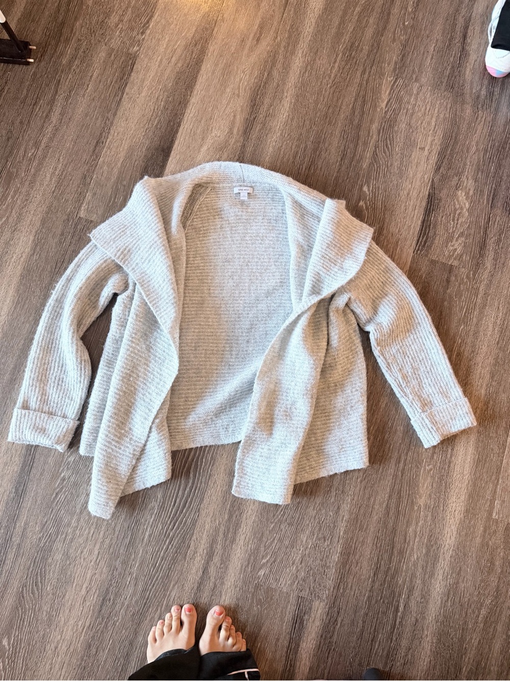 Nine West Light Gray Open-Front Ribbed Shawl-Collar Cardigan